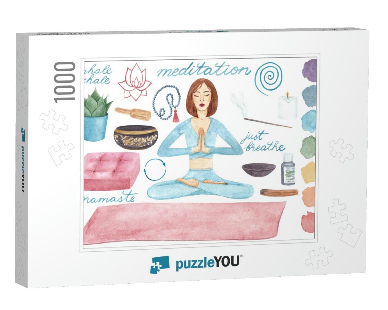 Meditation Space Set. Watercolor Hand Drawn Yoga E... Jigsaw Puzzle with 1000 pieces