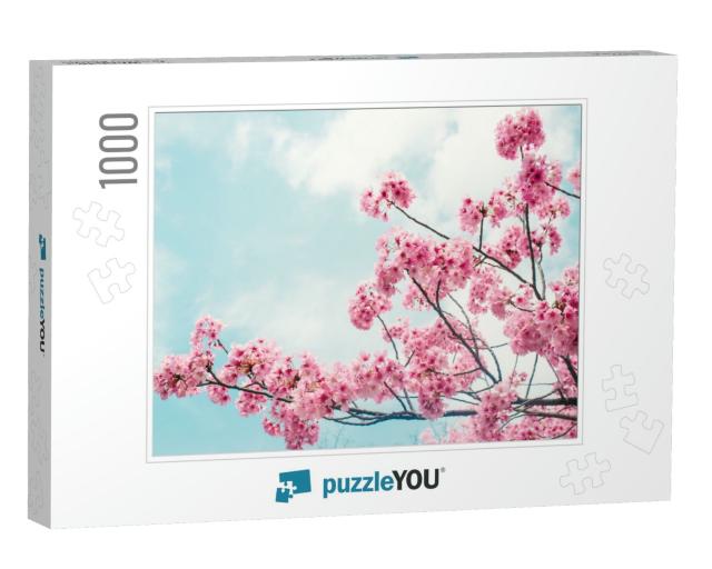 Beautiful Cherry Blossom Sakura in Spring Time Over Blue... Jigsaw Puzzle with 1000 pieces