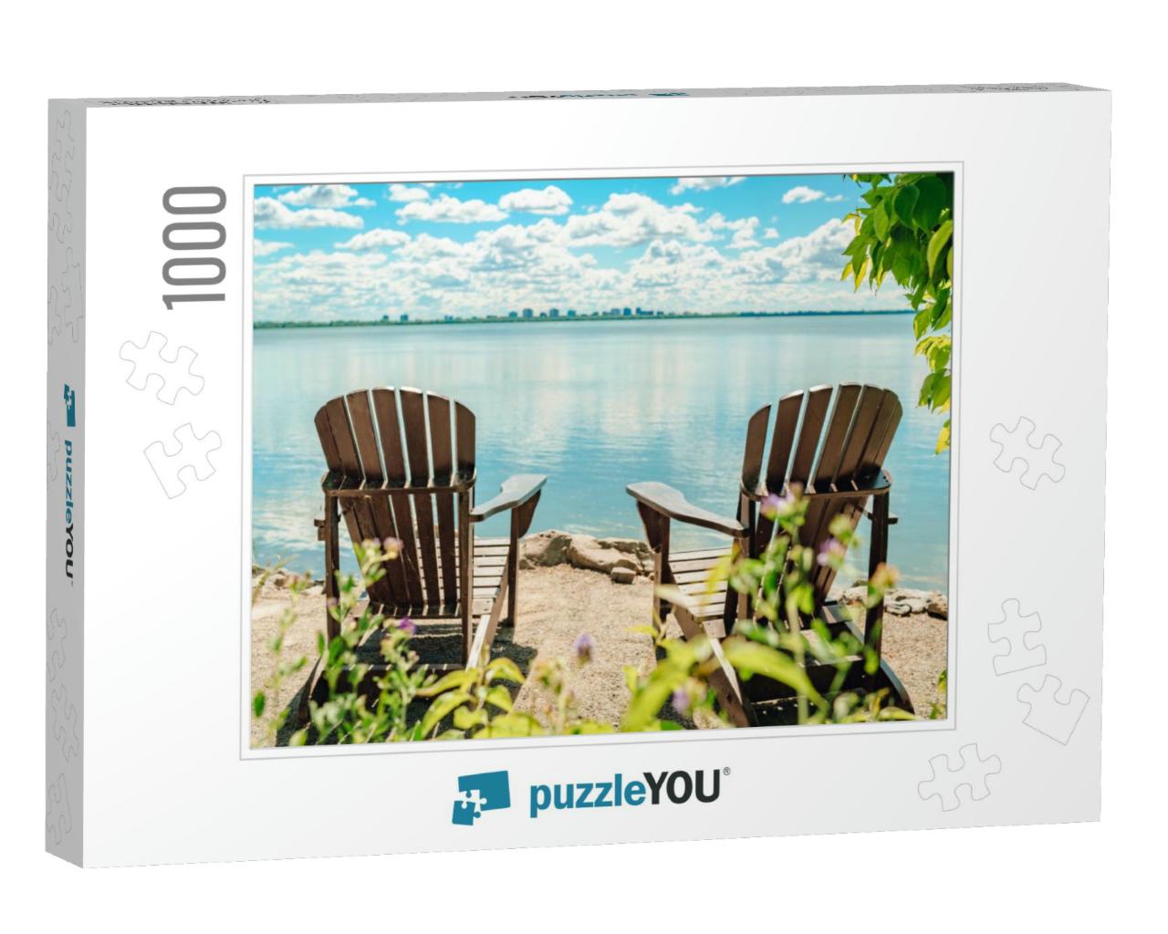 Two Muskoka Chairs by the Water on Home Terrace with Calm... Jigsaw Puzzle with 1000 pieces