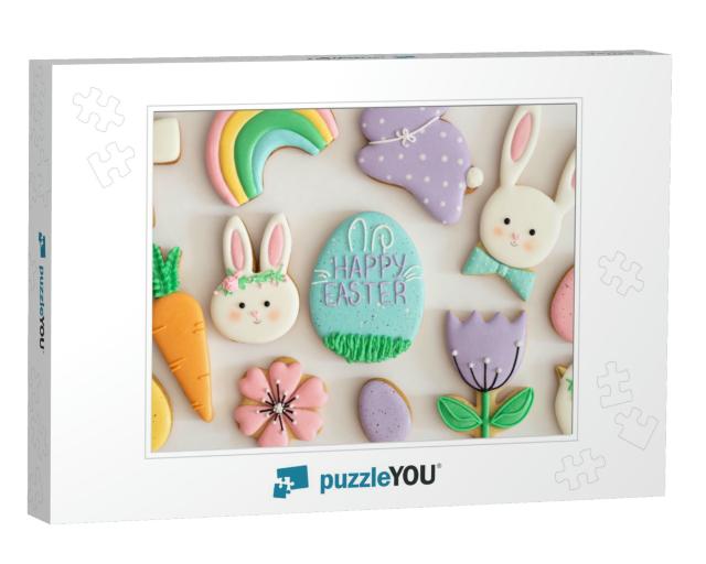 Happy Easter. Multicolored Pastel Easter Cookies on a Whi... Jigsaw Puzzle
