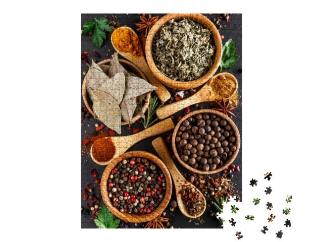 Various Spices a Vintage Spoons on Stone Table. Colorful... Jigsaw Puzzle with 1000 pieces