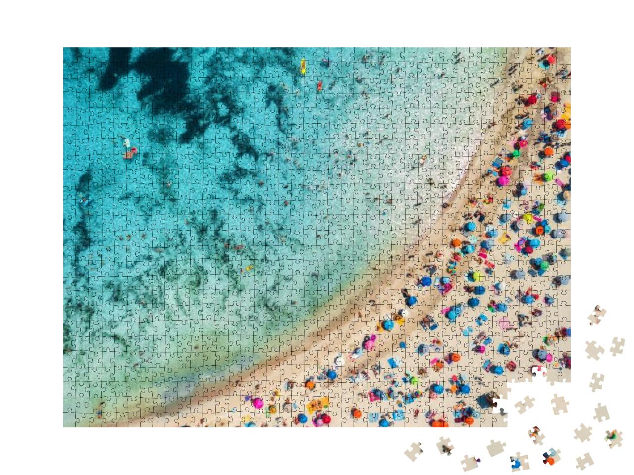 Aerial View of Sandy Beach with Colorful Umbrellas, Swimm... Jigsaw Puzzle with 1000 pieces