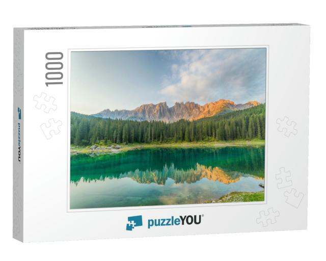 Crystal Water of Lake Carezza Karersee in Dolomite Alps... Jigsaw Puzzle with 1000 pieces