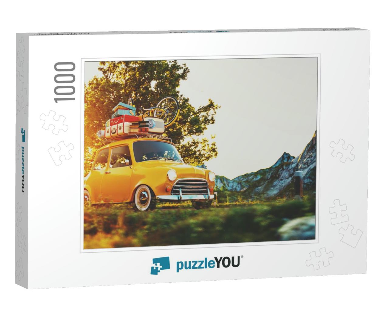 Cute Little Retro Car with Suitcases & Bicycle on Top Goe... Jigsaw Puzzle with 1000 pieces
