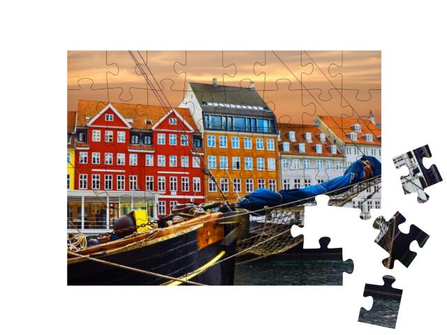 Copenhagen, Denmark. Yacht & Color Houses in Seafront Nyh... Jigsaw Puzzle with 48 pieces