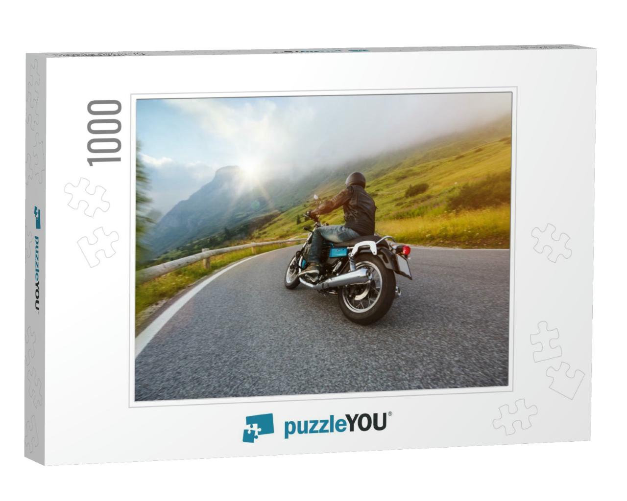 Motorcycle Driver Riding in Dolomite Pass, Italy, South E... Jigsaw Puzzle with 1000 pieces