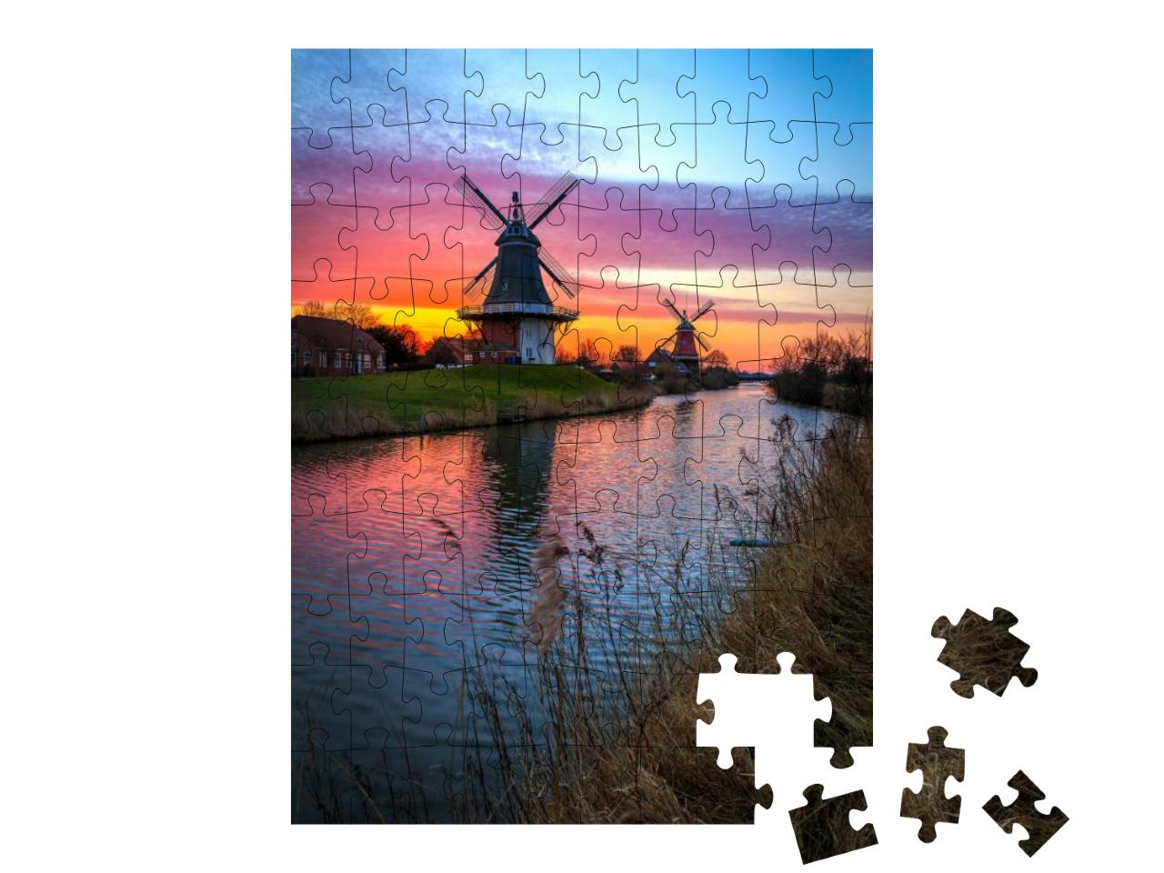 The Famous Twin Mills of Greetsiel, East Frisia At Sunris... Jigsaw Puzzle with 100 pieces