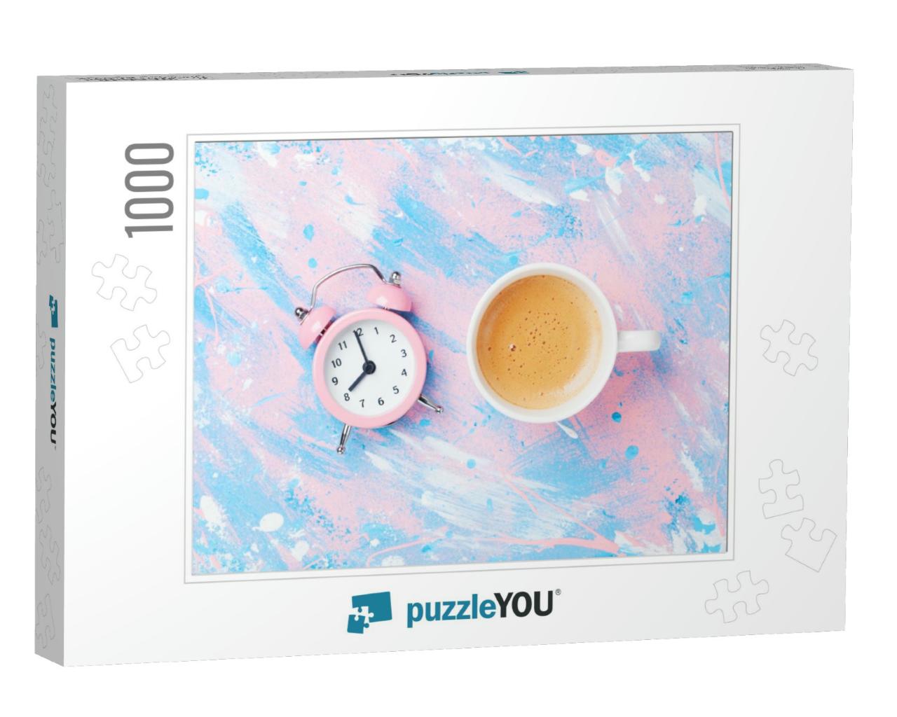 Morning Cup of Coffee & Alarm Clock on Colorful Working D... Jigsaw Puzzle with 1000 pieces