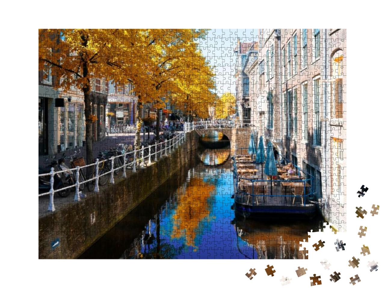 Street with Canal in Delft Old Town in Holland At Fall... Jigsaw Puzzle with 1000 pieces