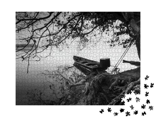 Black & White Scenery of Traditional Fishing Boat At Tump... Jigsaw Puzzle with 1000 pieces