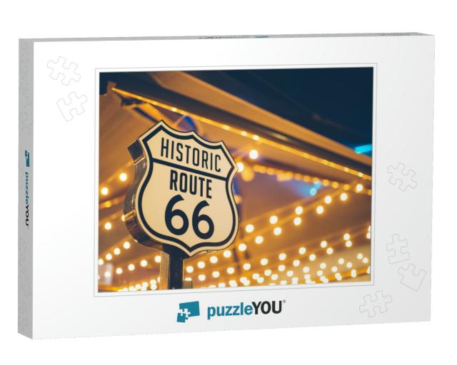 Historic Route 66 Sign in California with Decoration Ligh... Jigsaw Puzzle