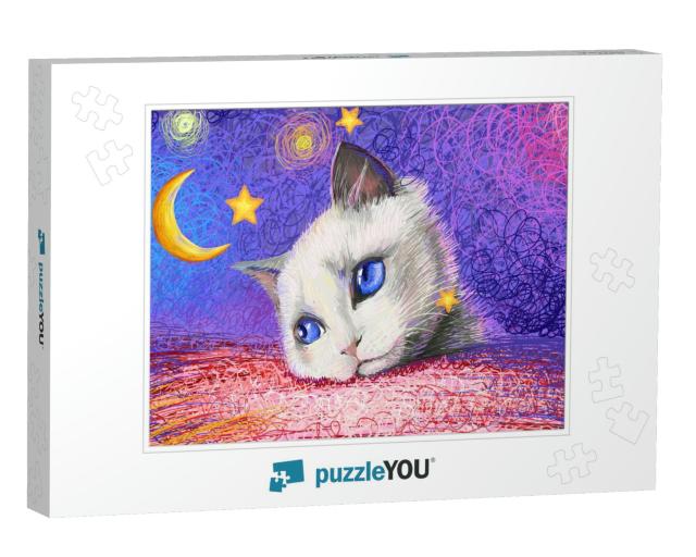 Drawn Illustration of a White Cat Head on a Bright Backgr... Jigsaw Puzzle