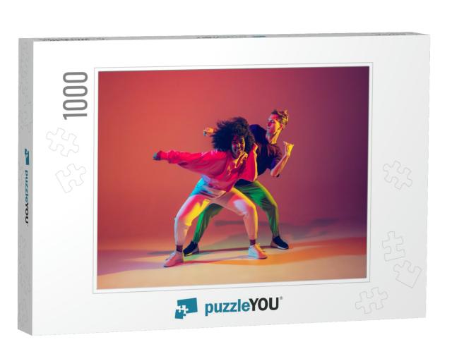 Stylish Man & Woman Dancing Hip-Hop in Bright Clothes on... Jigsaw Puzzle with 1000 pieces