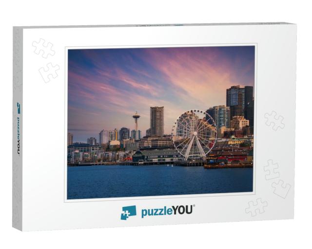 Downtown Seattle Skyline with the Great Wheel & Water Fro... Jigsaw Puzzle