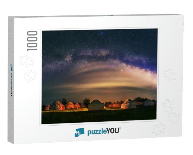 Under the Bright Milky Way, Mongolia Yurts on the Grassla... Jigsaw Puzzle with 1000 pieces