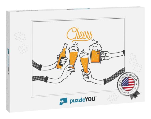 Four Hands Holding Four Beer Bottles. Clinking Glasses in... Jigsaw Puzzle