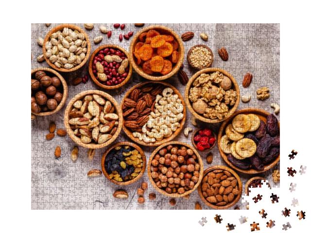 Various Nuts & Dried Fruits in Wooden Bowls, Top View... Jigsaw Puzzle with 1000 pieces