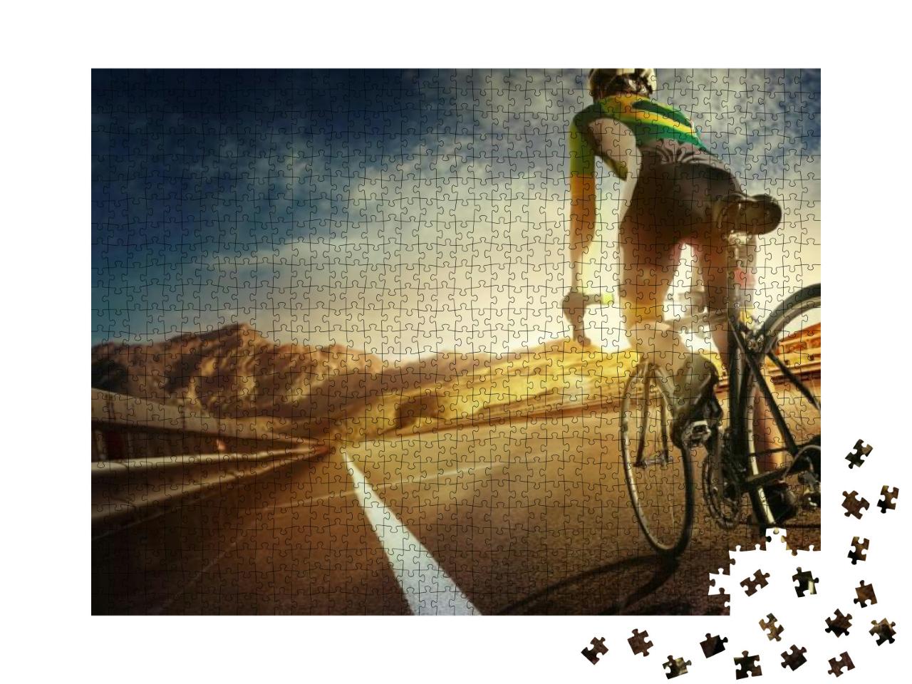 Cyclist Riding a Bike on an Open Road to the Sunset... Jigsaw Puzzle with 1000 pieces