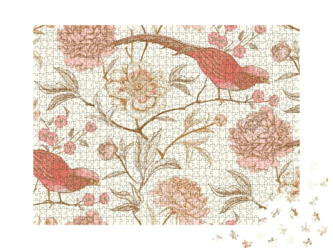 Peonies & Pheasants. Floral Vintage Seamless Pattern with... Jigsaw Puzzle with 1000 pieces