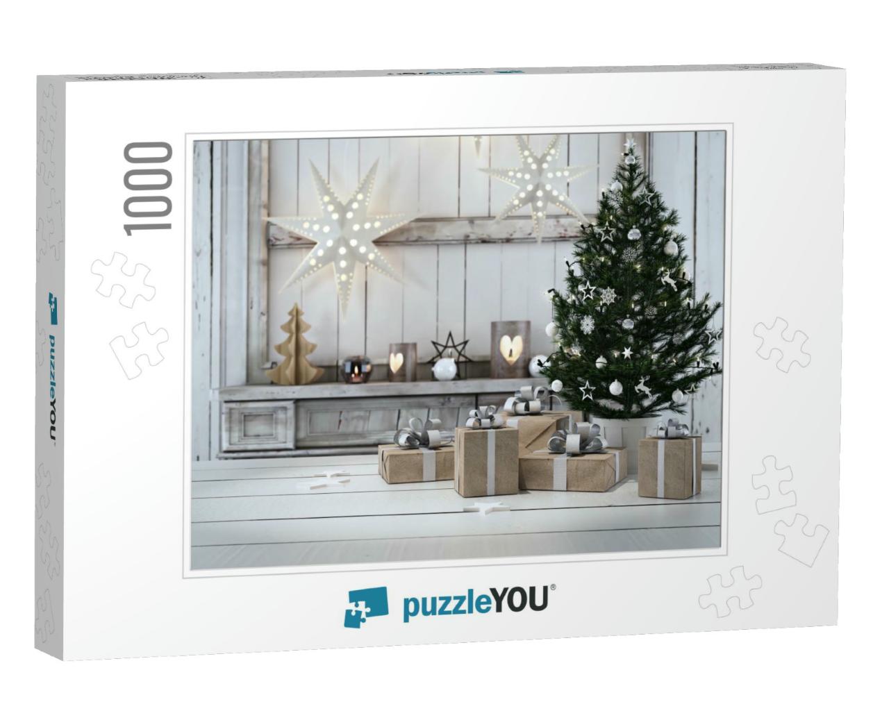 3D Rendering. Beautiful Gift with Christmas Ornaments... Jigsaw Puzzle with 1000 pieces