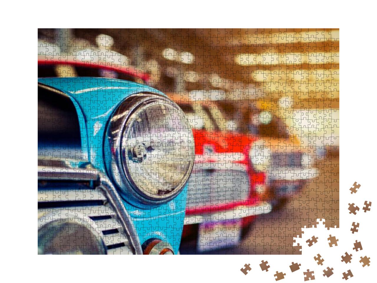 Close-Up of Headlights of Red Vintage Car in a Row... Jigsaw Puzzle with 1000 pieces