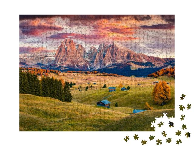 Unbelievable Sunrise on Alpe Di Siusi Mountain Plateau wi... Jigsaw Puzzle with 1000 pieces