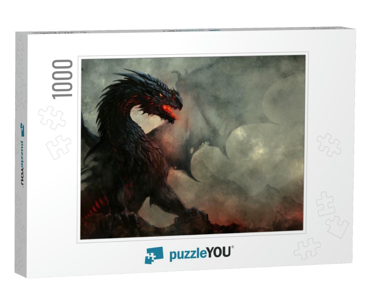 Fierce Fantasy Black Winged Dragon Illustration... Jigsaw Puzzle with 1000 pieces