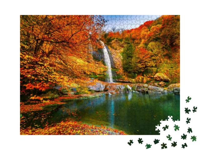 View of the Waterfall in Autumn. Waterfall in Autumn Colo... Jigsaw Puzzle with 1000 pieces