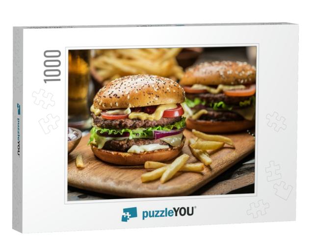 Hamburgers & French Fries on the Wooden Tray... Jigsaw Puzzle with 1000 pieces