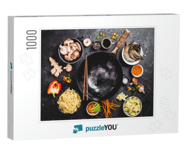Asian Food Cooking Concept. Empty Wok Pan, Noodles, Veget... Jigsaw Puzzle with 1000 pieces