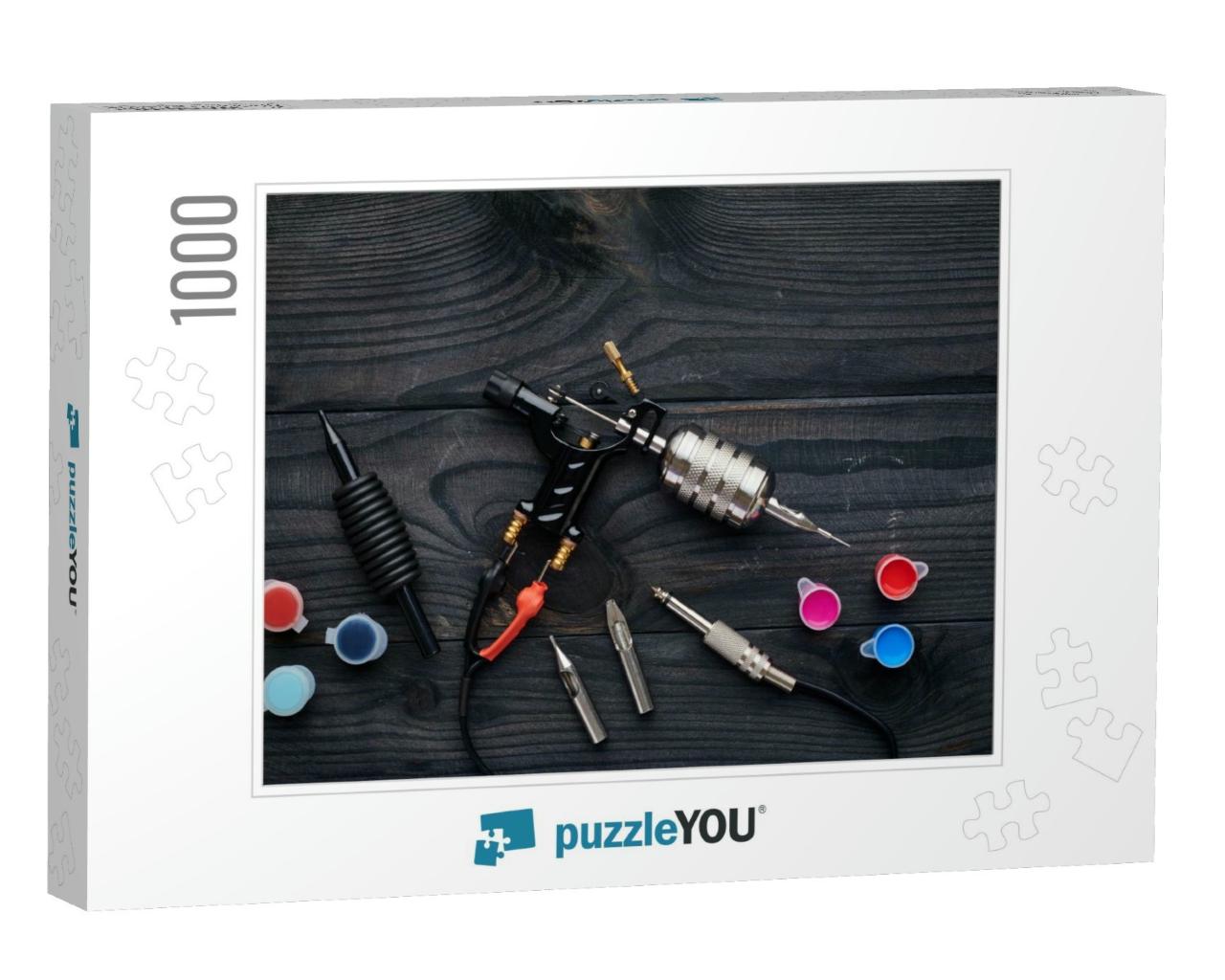 Tattoo Machine, Tools & Supplies Over Wooden Background... Jigsaw Puzzle with 1000 pieces