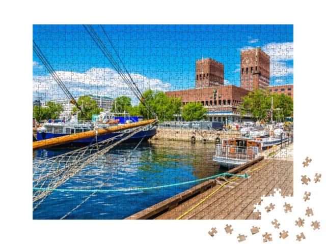 Amazing Oslo City Hall Seen from Oslo Harbor, Oslo Fjord... Jigsaw Puzzle with 1000 pieces