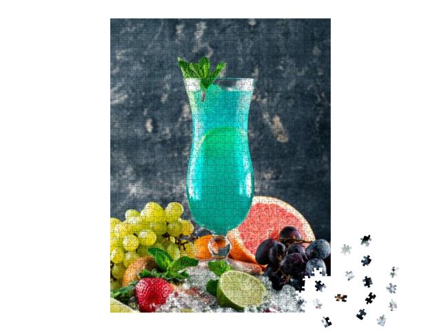 Blue Lagoon Cocktail with Mint & Fresh Fruit. Blue Hawaii... Jigsaw Puzzle with 1000 pieces