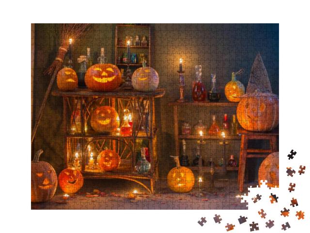 Halloween Decoration with Pumpkins & Magic Potions Indoor... Jigsaw Puzzle with 1000 pieces