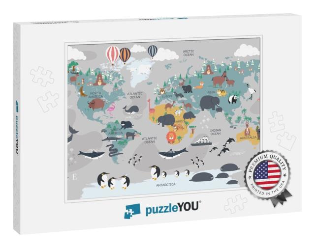 The World Map with Cartoon Animals for Kids, Nature, Disc... Jigsaw Puzzle