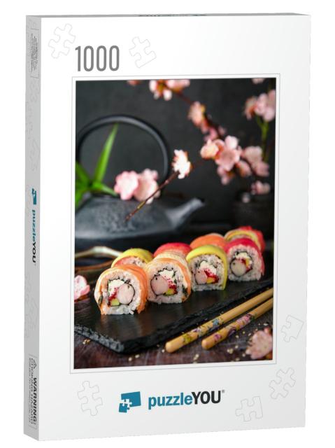 Rainbow Sushi Roll with Salmon, Eel, Tuna, Avocado, Royal... Jigsaw Puzzle with 1000 pieces