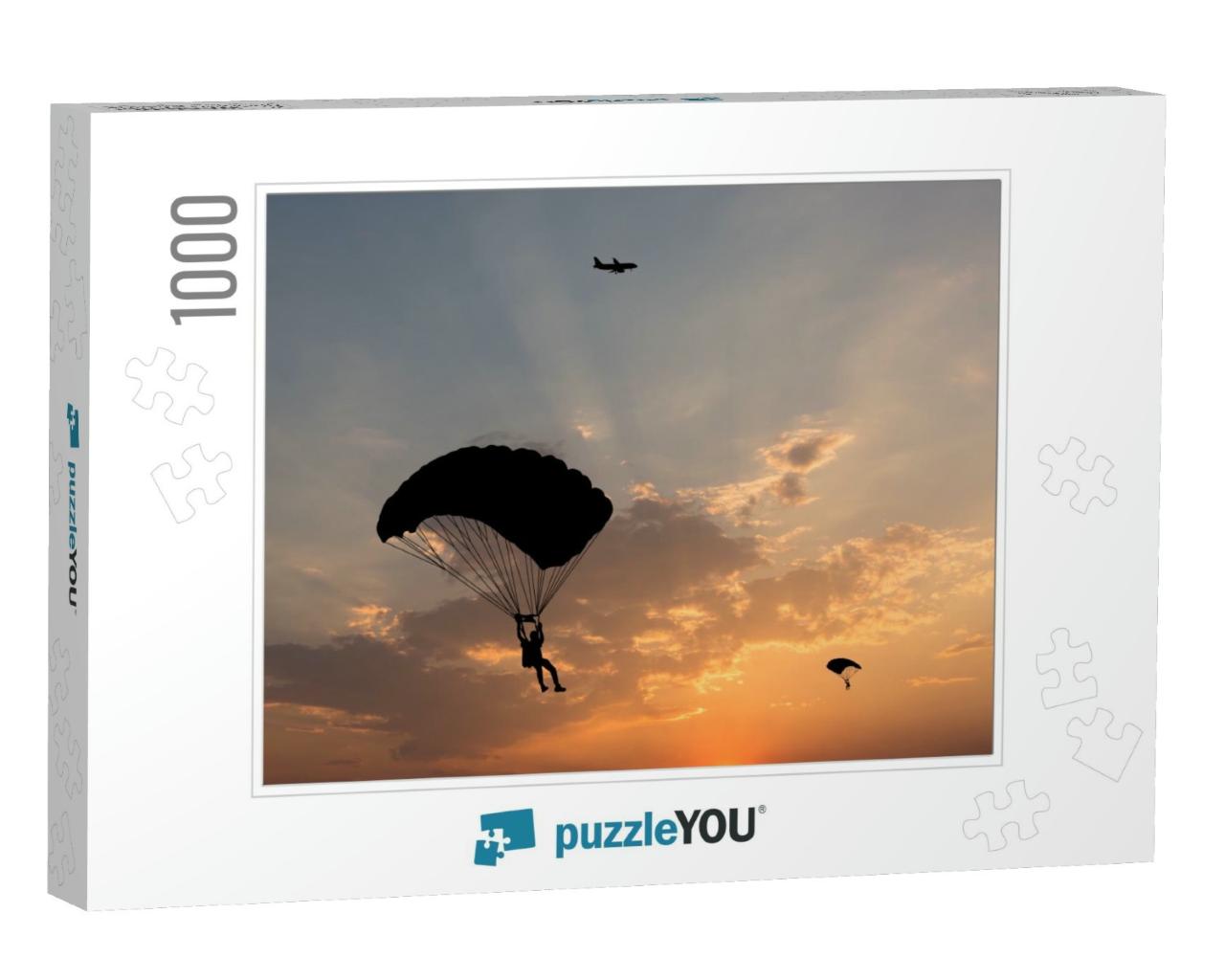 Silhouette of Parachute & Airplane on Sunset Background... Jigsaw Puzzle with 1000 pieces