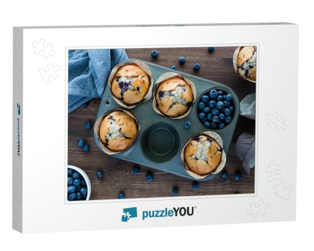 Blueberry Muffins in a Muffin Tin. Baked Goods Concept... Jigsaw Puzzle