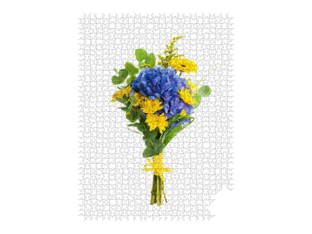 Bouquet from Blue Hydrangeas & Yellow Asters, a Flower Ba... Jigsaw Puzzle with 1000 pieces