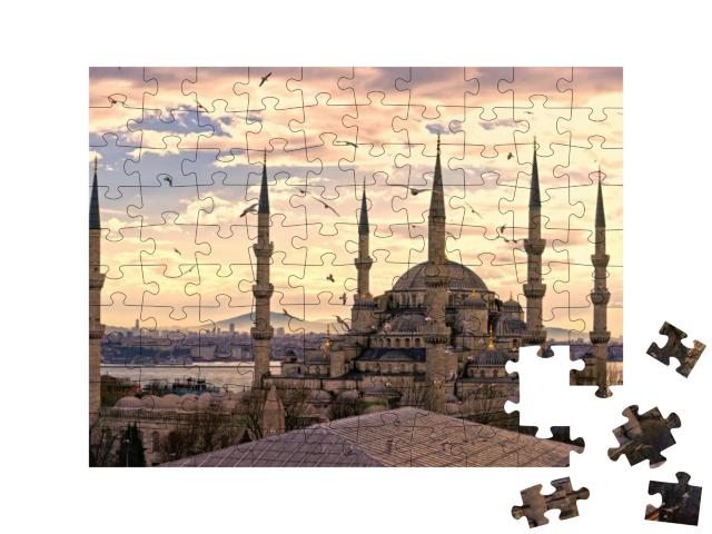Sunset Over the Blue Mosque, Sultanahmet Camii, Istanbul... Jigsaw Puzzle with 100 pieces
