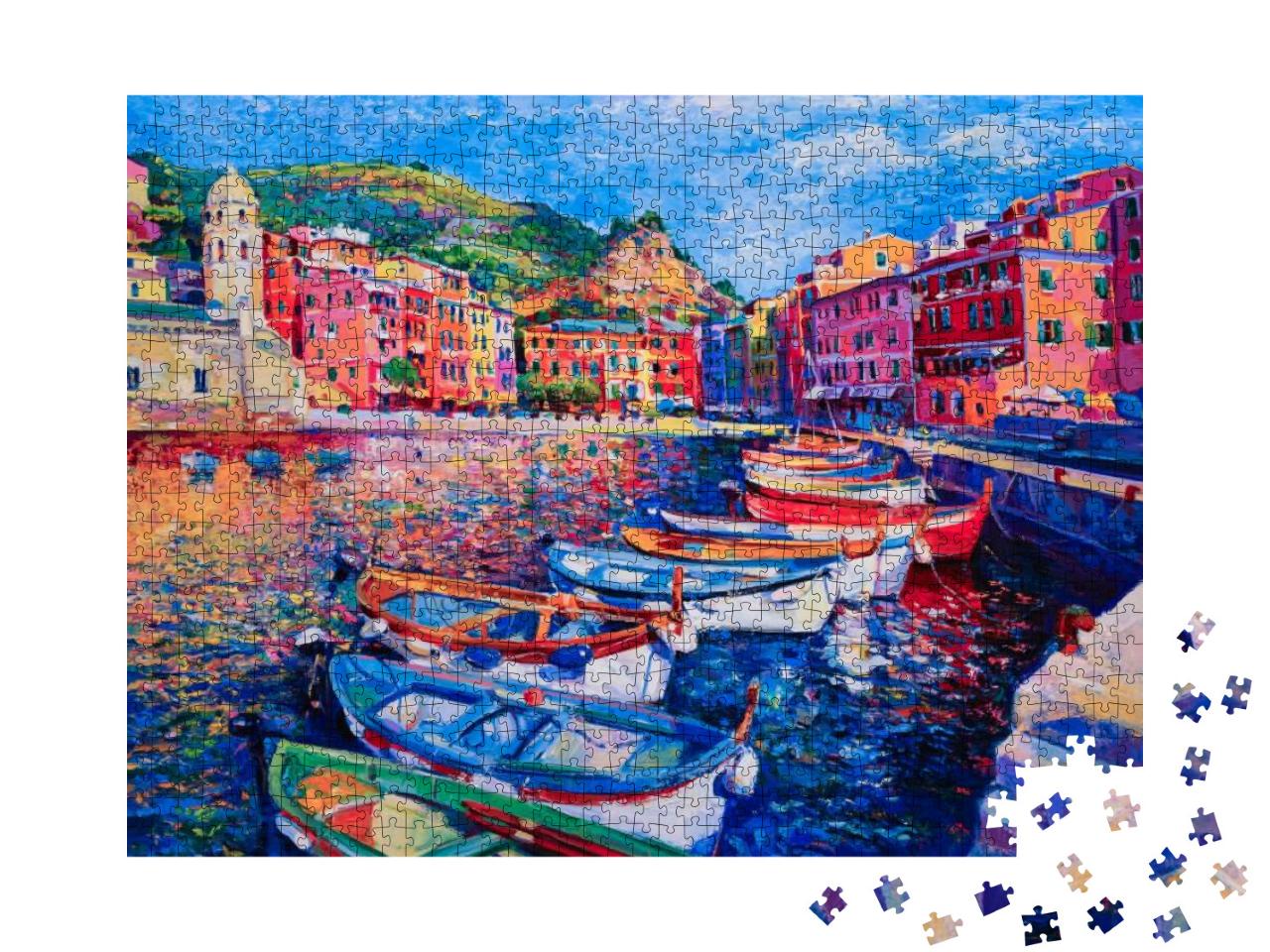 Original Oil Painting. Boats in a Row-Modern Art... Jigsaw Puzzle with 1000 pieces