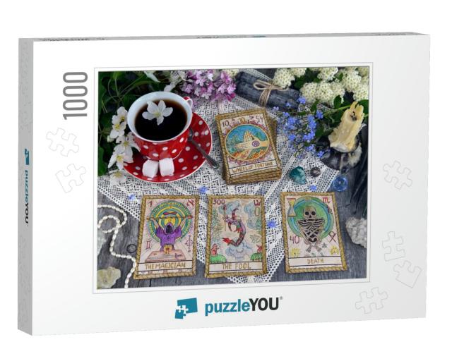 Tarot Cards with Cup of Tea, Flowers & Black Can... Jigsaw Puzzle with 1000 pieces