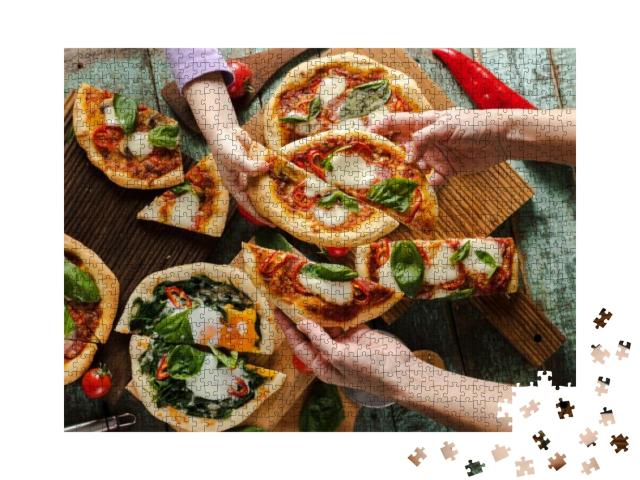 Fresh Pizzas Child & Mama Hold with Green Basil, Tomatoes... Jigsaw Puzzle with 1000 pieces
