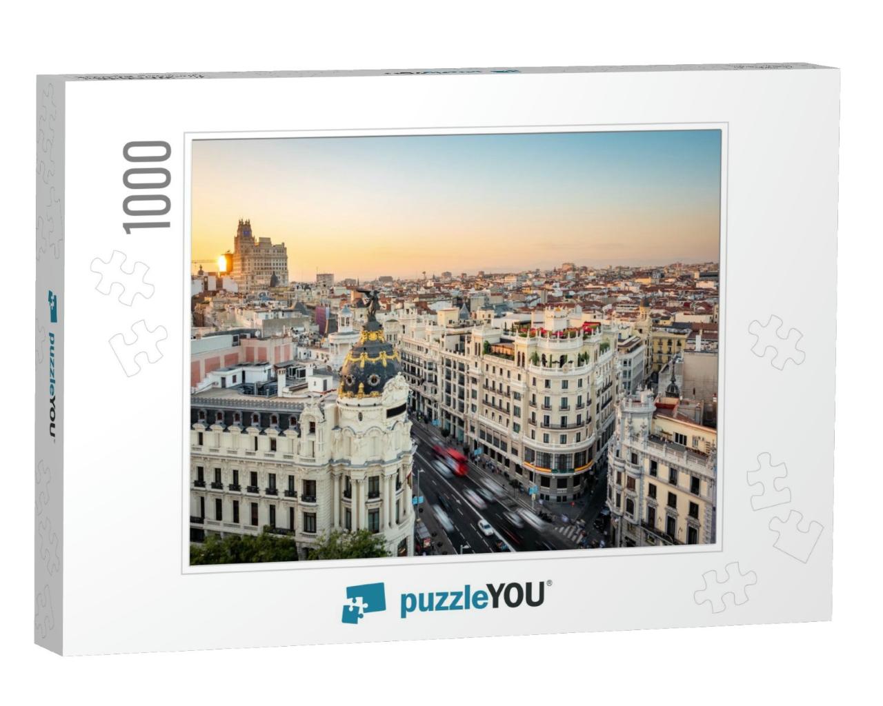 Madrid, Spain, Sunset Over Landmark Buildings on Gran Via... Jigsaw Puzzle with 1000 pieces