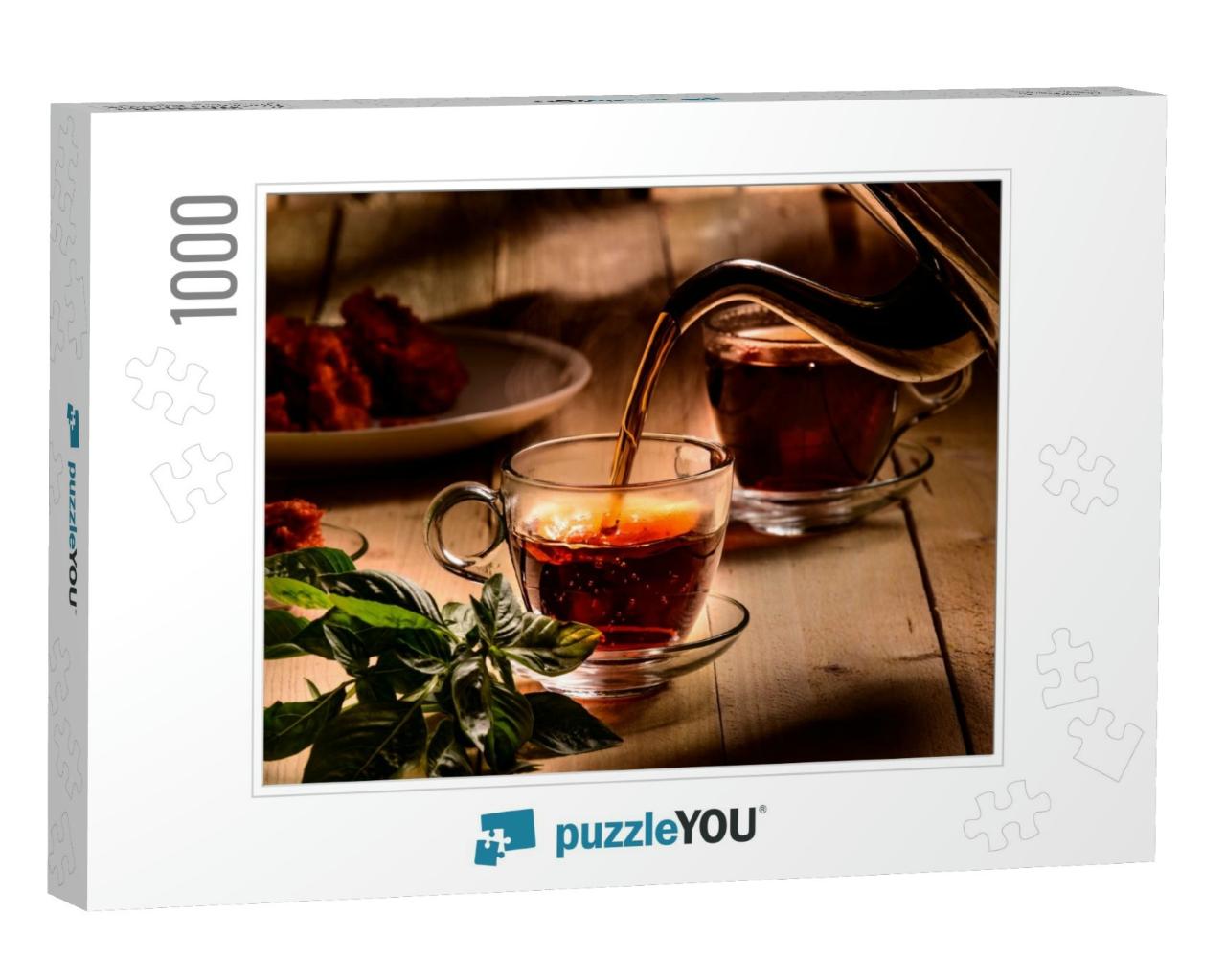 Hot Steaming Black Tea in a Cup on a Rustic Background... Jigsaw Puzzle with 1000 pieces