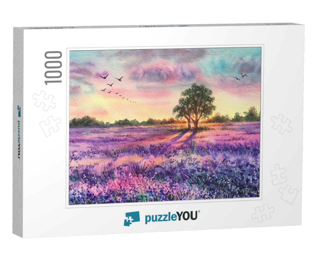 Watercolor Lavender Field. Sunset Lavender Field. Violet... Jigsaw Puzzle with 1000 pieces