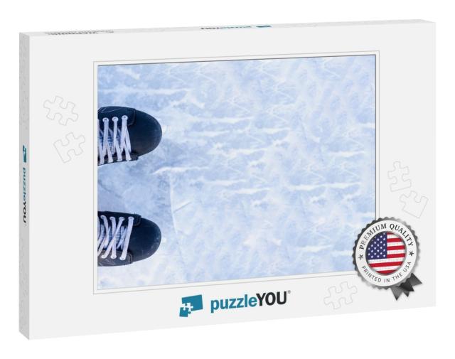 A Pair of Hockey Skates with Laces on Frozen Ice Rink Clo... Jigsaw Puzzle