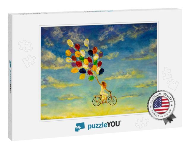 Painting Beautiful Happy Girl in White Dress on Bicycle w... Jigsaw Puzzle