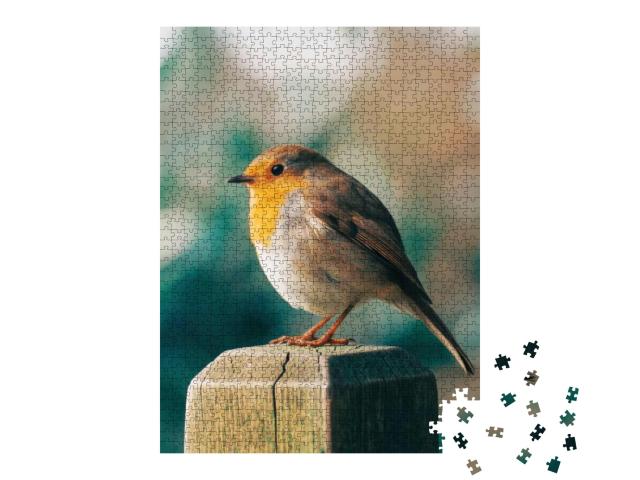 Robin Red Breasted Stands Patiently on the Fence. Beige &... Jigsaw Puzzle with 1000 pieces