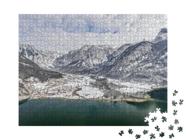 Aerial Drone Shot of Obertraun Village in Snow Mountain V... Jigsaw Puzzle with 1000 pieces